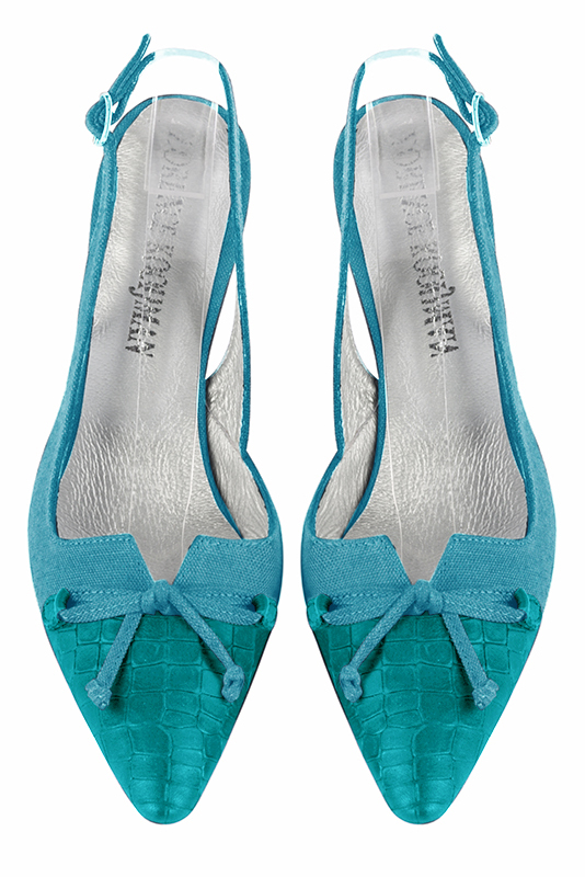 Turquoise blue women's open back shoes, with a knot. Tapered toe. High slim heel. Top view - Florence KOOIJMAN